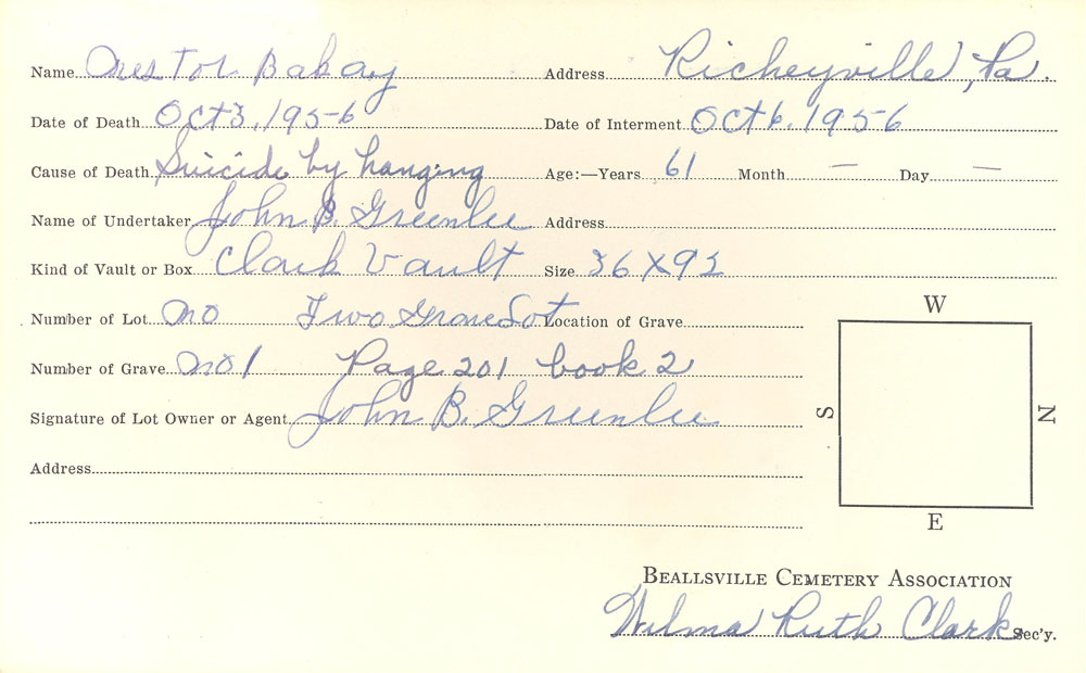 Nestor Bakay burial card